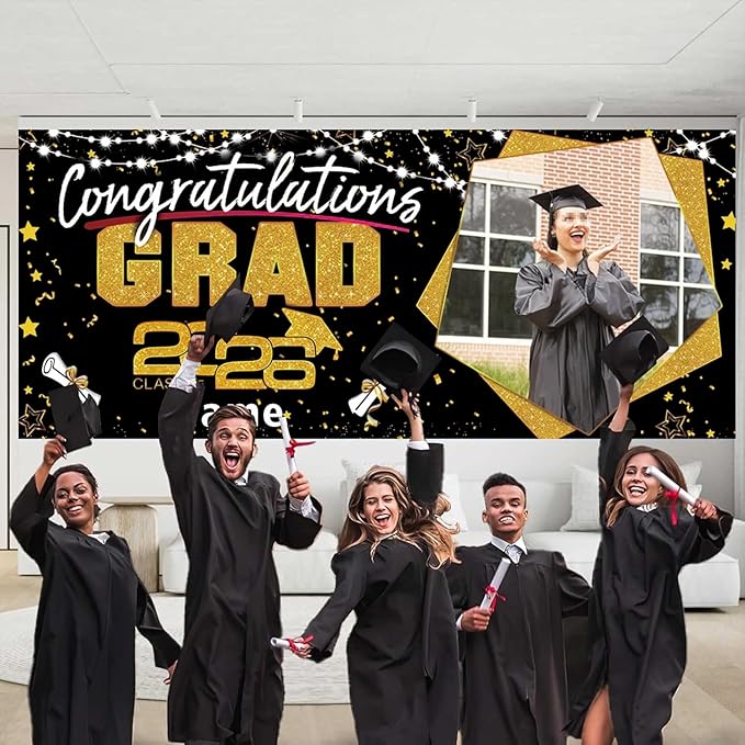 Custom Garaduation Garage Door Banner Cover 16 x 7 ft Class of 2026 Congrats Grad Party Backdrop Personalized Graduation Decoration(Black and Gold)