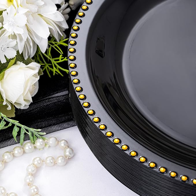 Rubtlamp 60Pcs Black Gold Plastic Plates, Black Disposable Plates With Gold Beaded, Heavyduty Plastic Plates, Halloween Plates Include 30 Dessert Platos, 30 Dinner Platos for Party
