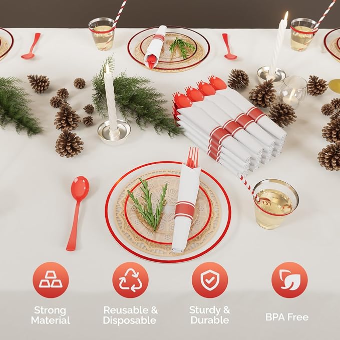 ROVSUN 400 Piece Red Disposable Dinnerware Set for 50 Guests, Clear Plastic Plates for Party, 50 Pre-Rolled Napkins,Silverware,Dinner & Dessert Plates,Cups,Straws for Wedding Birthday Event