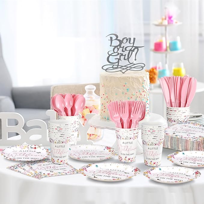 Dandat 350 Pcs Baby Shower Plates Set Baby Shower Party Supplies Serves 50 Tableware Sets Include Plates Napkin Cup Forks Knives Spoons Disposable Dinnerware(Wildflower,Pink)