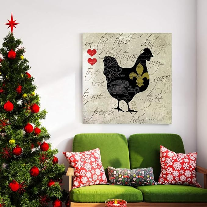Renditions Gallery Twelve Days of Christmas Wall Art, Three French Hens, Cute Winter Artwork, Holiday Song Decor, Premium Gallery Wrapped Canvas, Ready to Hang, 32 in H x 32 in W, Made in America