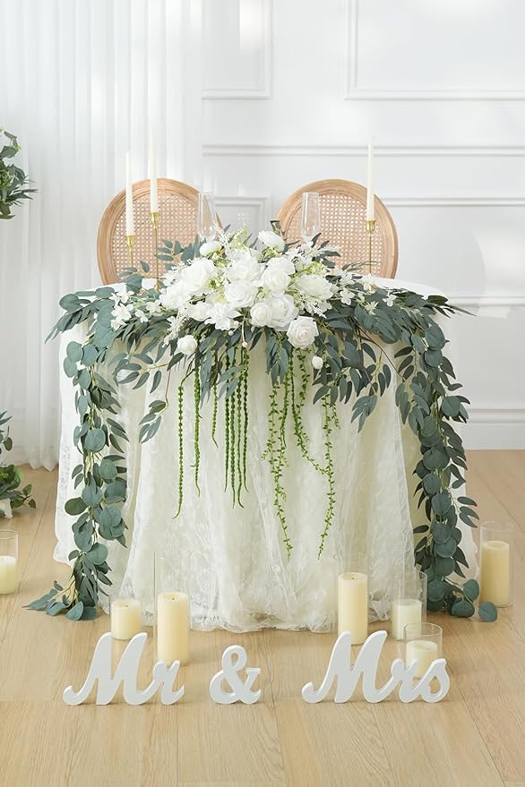 7.5FT White Sage Wedding Arch Flowers Garland, Rose &Eucalyptus, Artificial Spring Floral for Backdrop Mantle Decoration,Ceremony Party Sweetheart Head Table Reception Decor