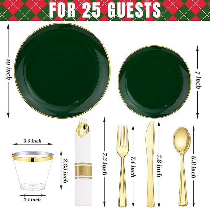 KIRE 175PCS Green Plastic Plates with Gold Rim - Heavy Duty Green Plates Disposable Include 50 Plastic Plate, 25Pre Rolled Napkins 25 Cups For St. Patrick's Day/Party/Wedding