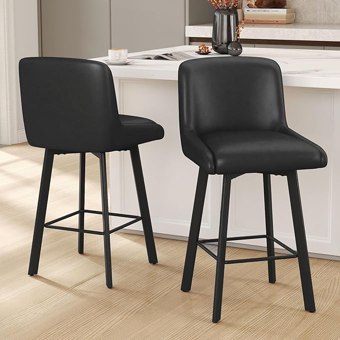 Swivel Bar Stools, 26''H Upholstered Barstools with Backs, Modern Counter Height Bar Stool Chairs for Kitchen Island, Metal Legs (Black- Faux Leather, Set of 2-26" H)