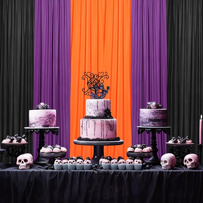 6 Pcs Halloween Party Decoration, 2.6 x 8 ft Black Orange Purple Curtains, Fabric Cloth Photography Background with Bag, for Wall Doors Halloween Birthday Party Favors Supplies Indoor Outdoor