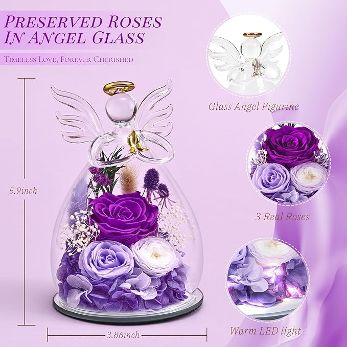 Gifts for Women, Valentines Day Decorations Flowers for Delivery Fresh Bouquet Forever Preserved Flowers Real Rose Angel Figurine Glass, Xmas Decor Gifts for Mom Grandma Wife Sister, Purple