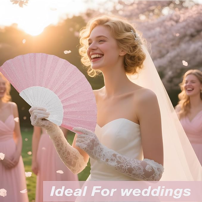 24 Pack Handheld Fan,Folding Hand Glitter fan with Shining Transparent Fan Rib – Ideal for Wedding, Church, Festival, Dance, Tea Party, Club, and EDM Accessories, Pink