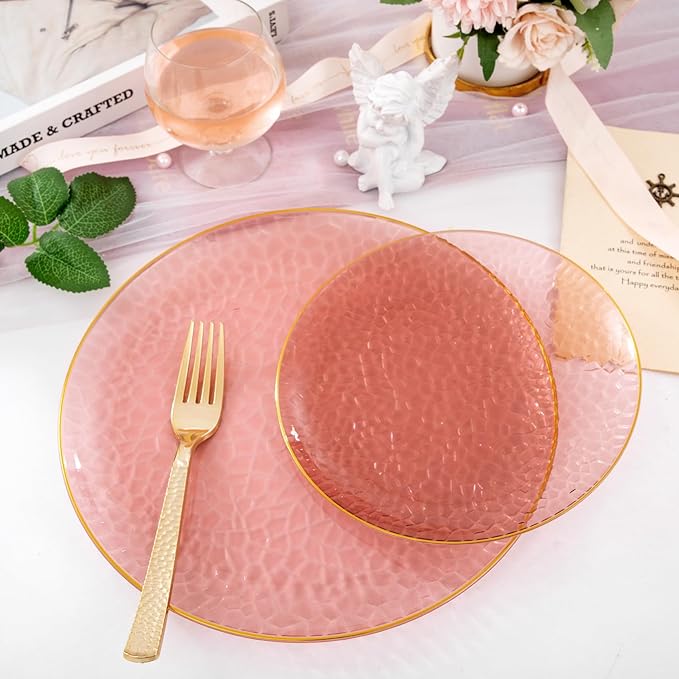 Hioasis 60pcs Burgundy Plastic Plates - Gold Rimmed Disposable, Hammered, Heavy-duty Dinnerware Set Suitable for 30 Guests, 10.25" Dinner & 7.5" Dessert Plates for Party & Wedding