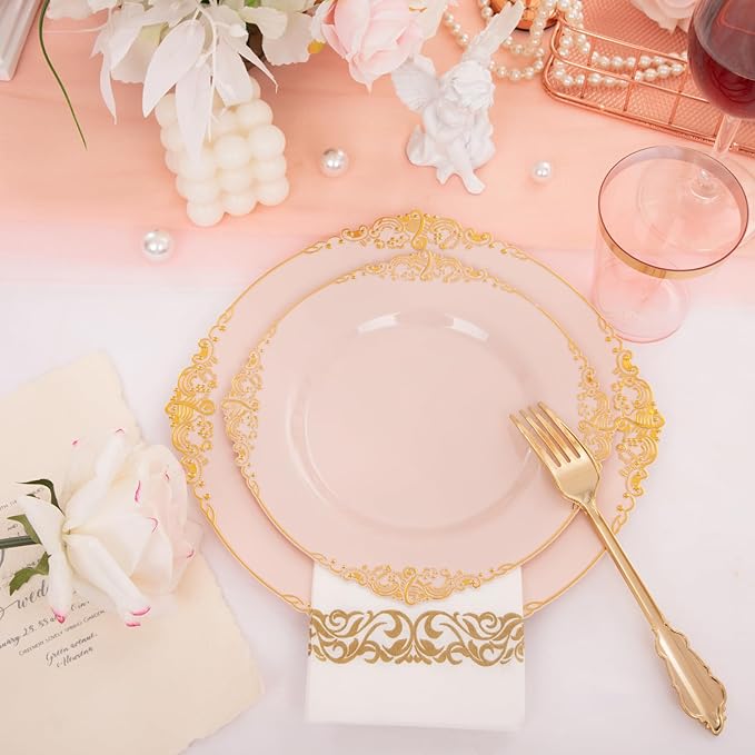 Morejoy 175pcs Pink Plastic Plates - Pink and Gold Disposable Plates sets, Include 25 Dinner Plates,25 Dessert Plates,25 Cutlery Sets,25 Napkins Perfect for Wedding & Party & Holiday & Christmas