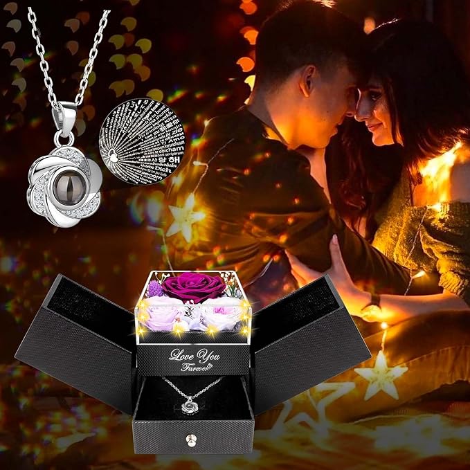 3 Preserved Purple Rose-Eternal Flowers Rose Gifts for Mom Grandma Wife Girlfriend on Mothers Day Birthday Valentines Christmas Anniversary Romantic Gifts for Her with I Love You Necklace