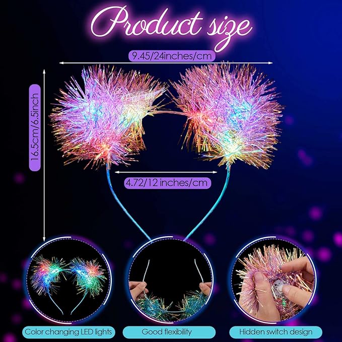 Juexica 16 Pcs Lighted Cat Ears Headband with Color Change LED Cat Headband Rave Hair Accessories for Women (Classic Color)