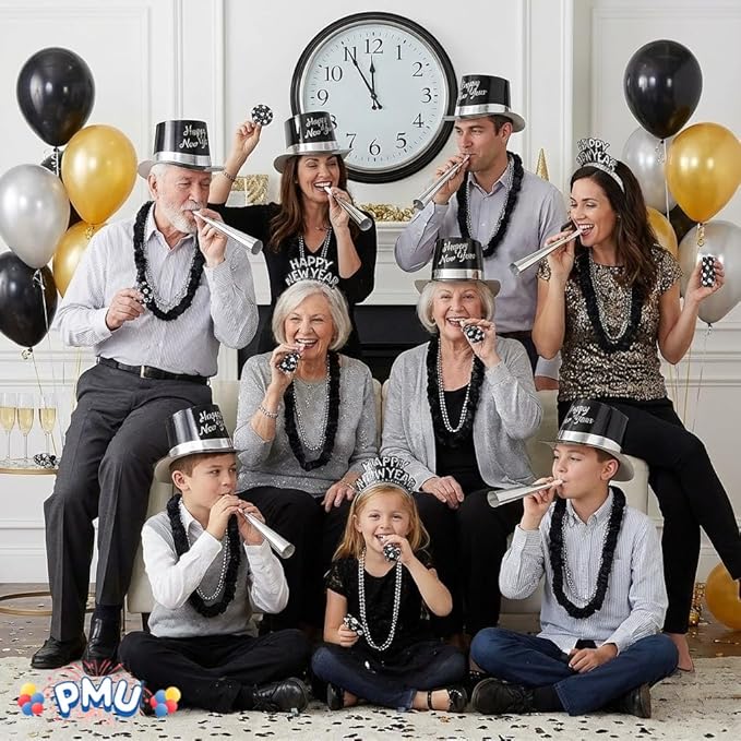 PMU New Year's Eve Party Supplies New Year's Eve Decorations Supplies, 2026 Silver Legend Illusion Party Kit Assortment for 100 persons - Outfits for Adults, Men and Women (100/psn) Pkg/1
