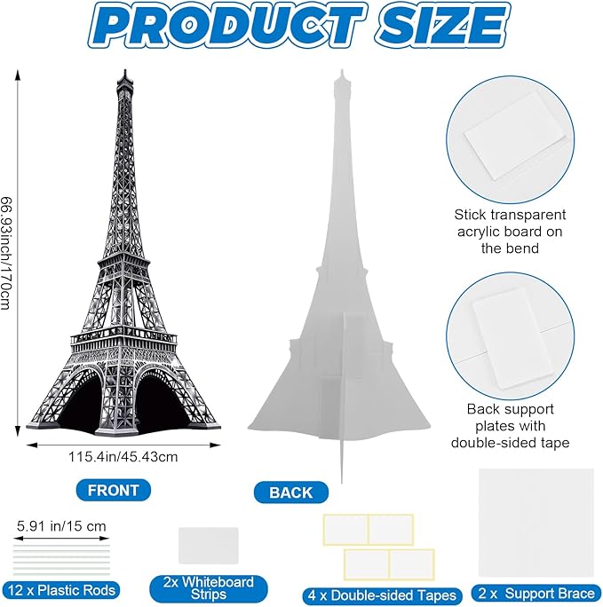 6 Ft 3D Eiffel Tower Cardboard Cutout Eiffel Tower Stand Up Cutout Life-Size French Theme Photo Booth Prop Backdrop Sign for France Night of Paris Theme Birthday Party Educational Display