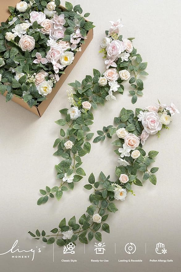 Ling's Moment 10pcs Wedding Chair Decorations Aisle Floral Swag Artificial Pew Flowers Hanging Garland Blush Pink & Cream For Ceremony Reception Church Rose Floral Faux Arrangement Party Outdoor Decor