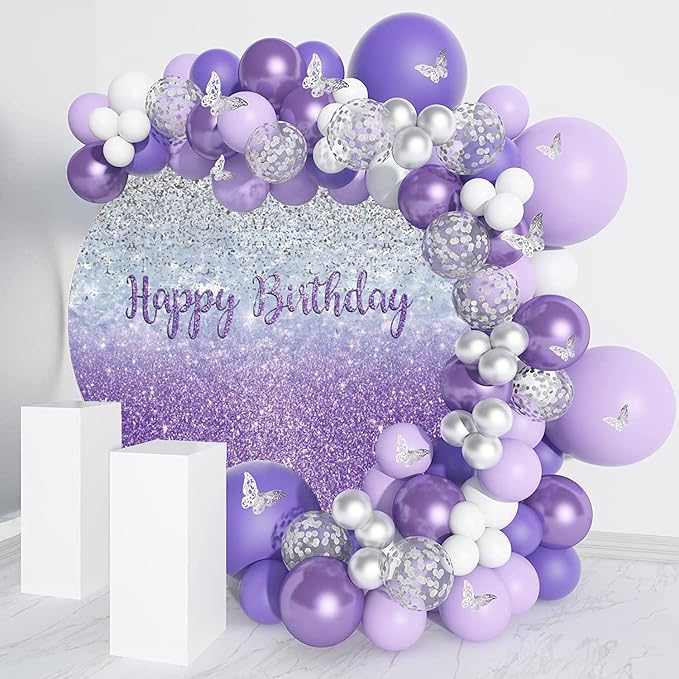Renaiss Purples Happy Birthday Round Backdrop Cover 6ft Polyester Fabric Shiny Purples and Silver Sequins Circle Backdrop Cover Bday Sign Photo Background for Gorgeous Happy Birthday Party Decorations