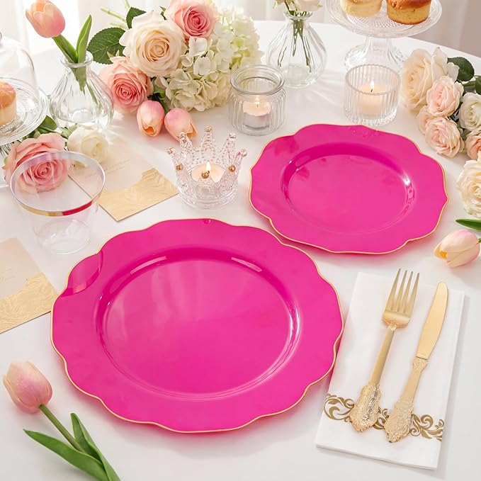 NOCCUR 175PCS Hot Pink Plastic Plates with Gold Disposable Silverware - Include 50 Hot Pink Plates,25 Knives,25 Forks,25 Spoons,25 Cups and 25 Napkins - Ideal for Party/Valentines & Galentines Day