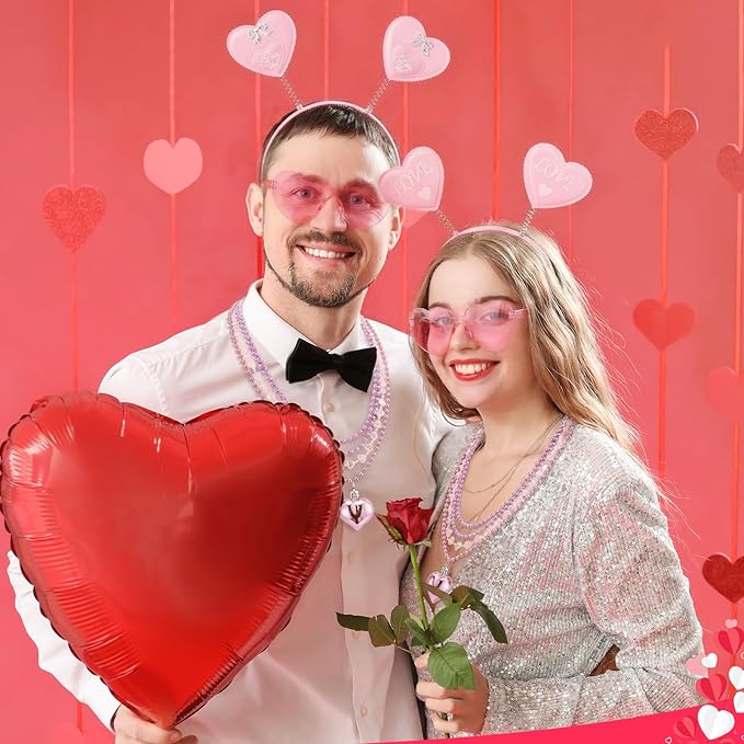 Kanayu 108 Pcs Valentines Day Accessories 36 Valentines Heart Headbands 36 Heart Shaped Sunglasses 36 Bead Necklaces for Valentine Party Favors Supplies Bachelorette Decorations(Pink)