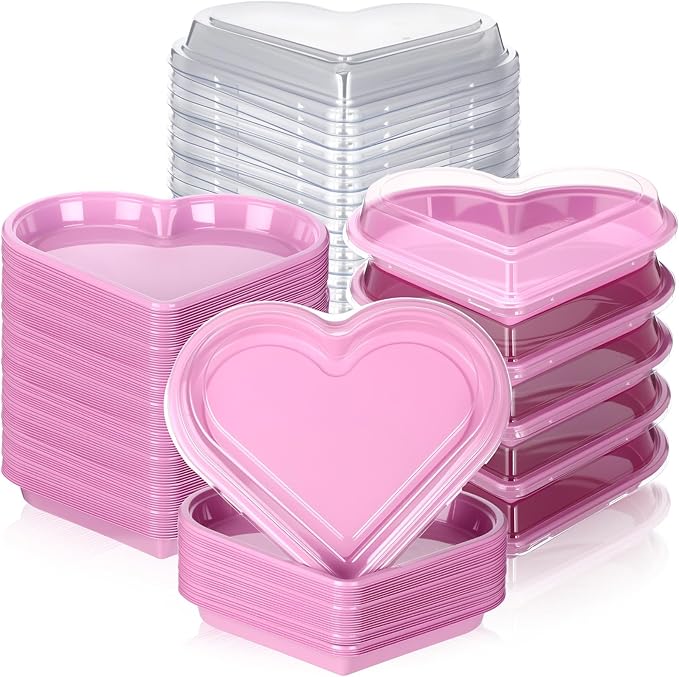 Macarrie 50 Pcs Valentine's Heart Shaped Serving Tray Platter 20 oz Plates with Clear Lids Dessert Plates Snack Tray for Valentine Birthday Party Table Decoration (Pink)