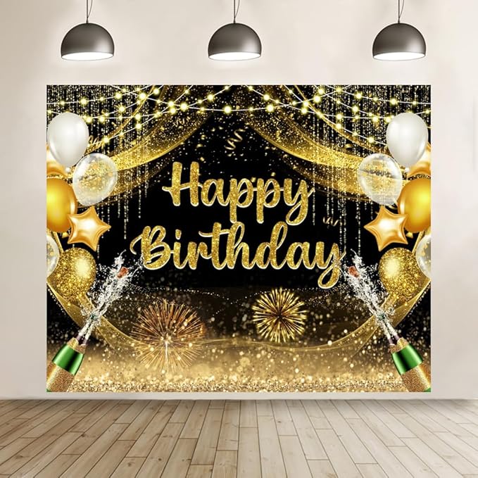 ChloropLastid Happy Birthday Backdrop 10x8ft Black and Gold Vinyl Birthday Photography Background Banner for Party Decoration Supplies