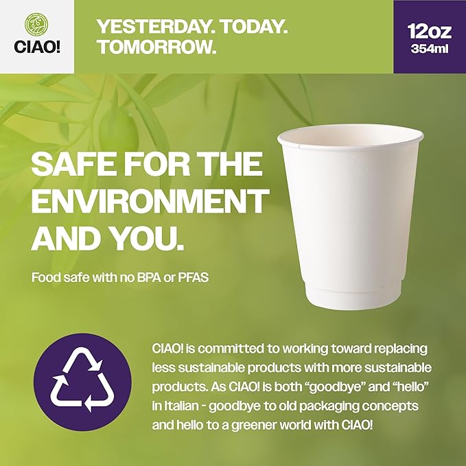 CIAO! 12 oz Insulated Double Wall White Paper Hot Cup, 90 mm Diameter, 500 Count
