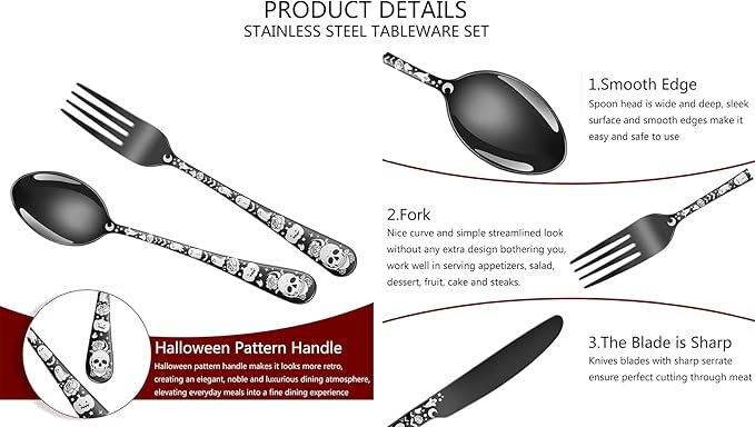 XIAOYU 40 Piece Halloween Gothic Skull Pattern Silverware Set, Stainless Steel Flatware Set for 8, Tableware Cutlery Set with Unique Skull Design, Perfect for Halloween Easter and Christmas, Gold
