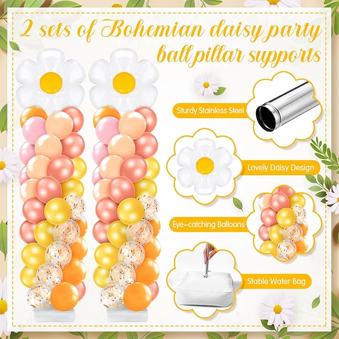Kasyat 2 Set Groovy Daisy Balloon Column Stand Kit with Adjustable Balloon Arch Kit Boho Pastel Pink Orange Yellow Flower Party Supplies for Wedding Baby Shower Two Groovy Birthday Party Supplies