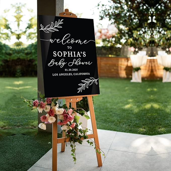 Andaz Press 16X20 Inch Black Acrylic Personalized Baby Shower Welcome Sign, Gender Neutral Large Custom Sign For Easel Stand, Rustic Laurel Leaves Baby Shower Decorations Neutral, Acrylic Welcome Sign