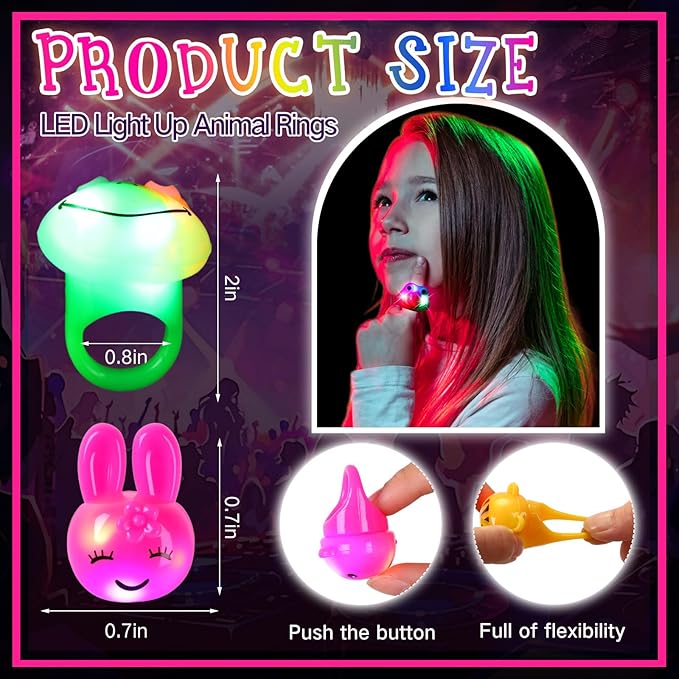 Leyndo 150 Pcs LED Light up Rings Party Favors Glow in the Dark, Animal Glow Rubber Rings Jelly LED Finger Lights for Kids Birthday Valentine's Day Goodie Bags Concert Shows Party Supplies(Animal)