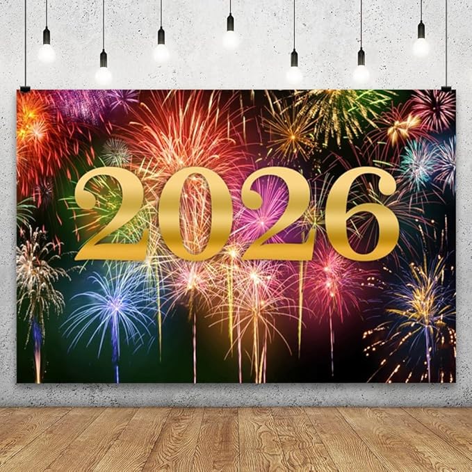 YongFoto 2026 Happy New Year Backdrop 8x6.5ft Glorious Night Sky Fireworks Photography Background Christmas Night Festival Carnival Family Party Banquet Decor Banner Photoshoot Wallpaper Photo Booth