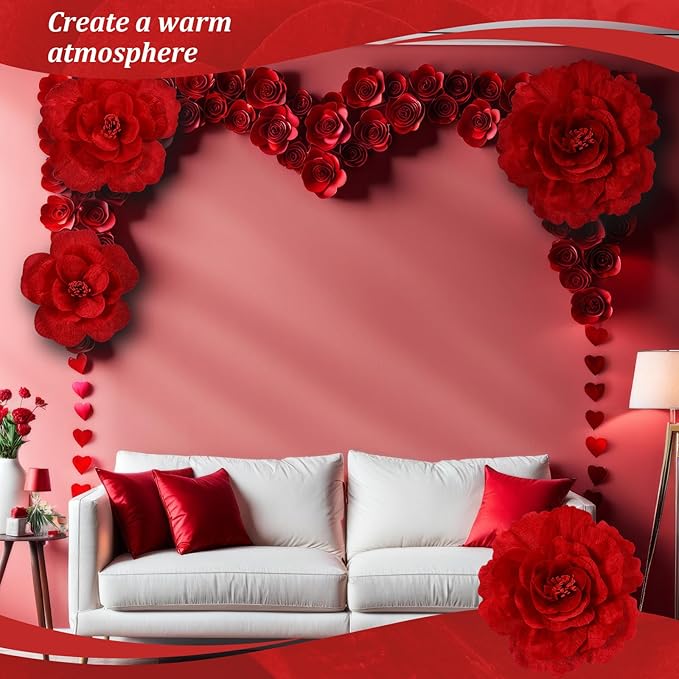 Norme 3 Pcs Valentine Giant Red Velvet Rose 12, 16, 20 Inch Large Rose Petals Big Paper Flowers Giant Flower for Decorations Large Red Flowers for Valentine, Wedding, Home Decor, Anniversary Birthday