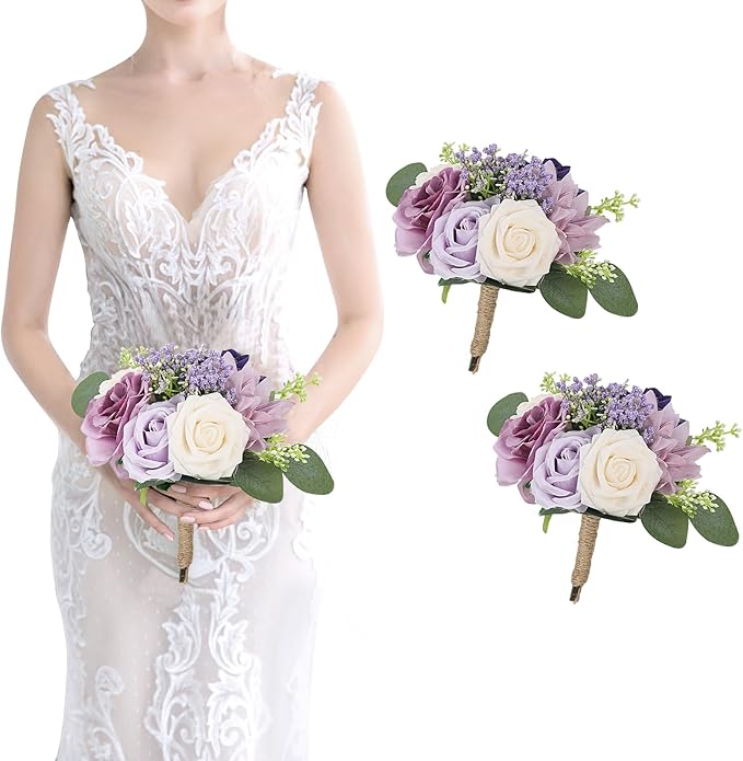 Artificial Bridesmaid Bouquets 2Pcs -7 Inch Bridesmaid Bouquets Fake Floral Silk Rose Handmade for Wedding Holding Flowers, Bridal Shower,Engagement Wedding Ceremony Anniversary - Lilac