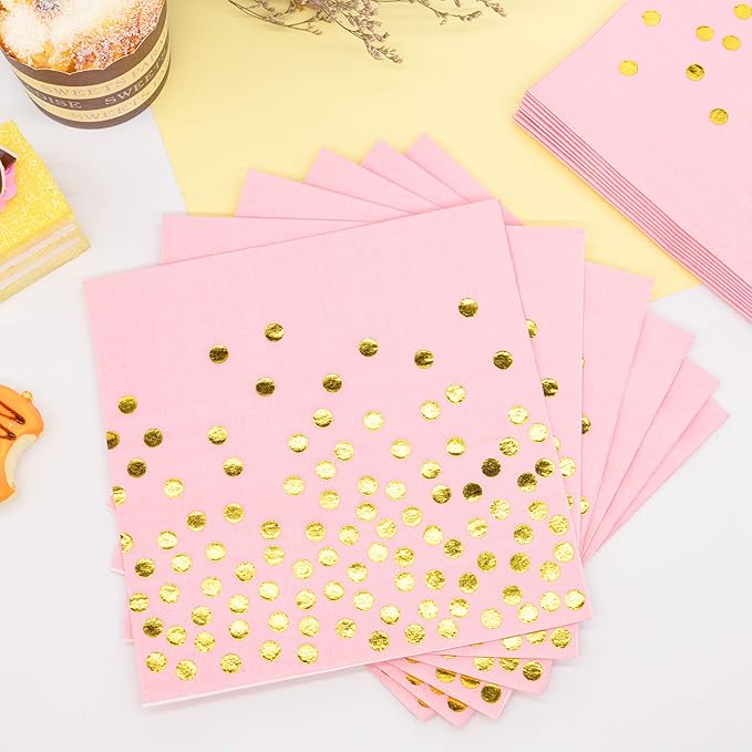 Pink and Gold Party Supplies, 350PCS Disposable Dinnerware Set with Pink Paper Plates Napkins Cups, Gold Plastic Flatware Set for Women Girls Birthday Graduation Baby Shower Engagement Wedding