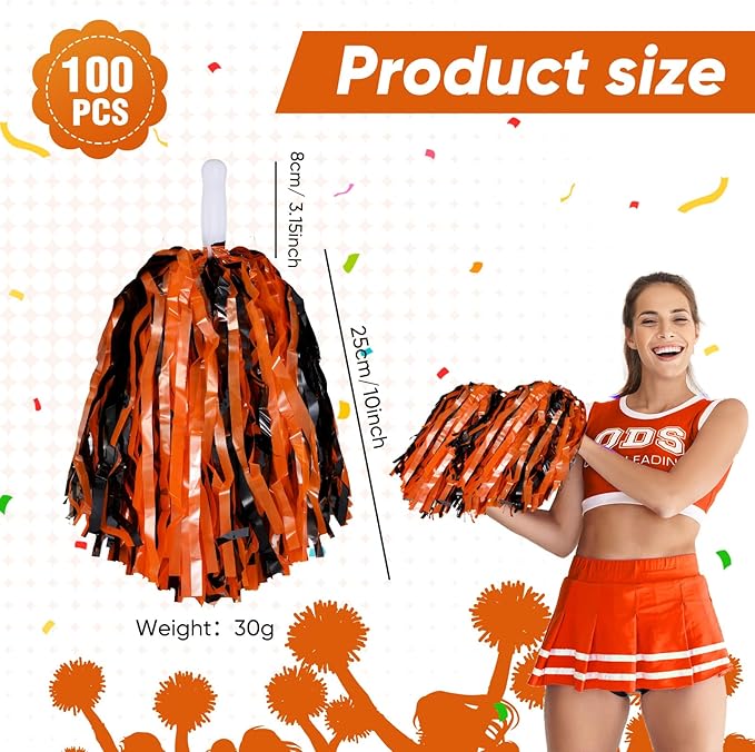 Hanaive 100Pcs Metallic Cheerleading Pom Poms with Baton Handle Cheerleader Pompom Foil 30g Cheering Squad Hand Flowers for Adults Team Spirit Sports Party Cheering
