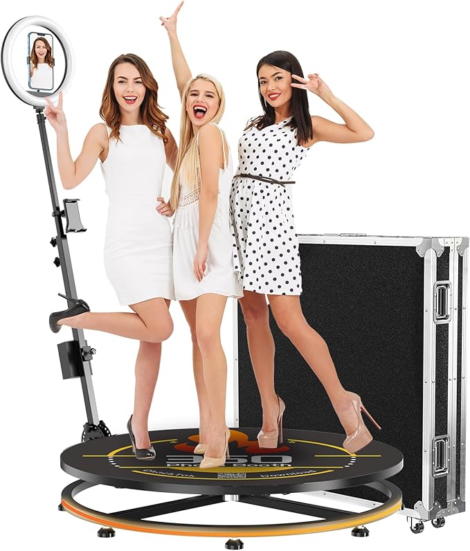 360 Photo Booth Machine with Software App Remote Control 360° Auto Slow Rotation Shooting for Events, Weddings and Parties, Standing for 3-5 Person（32in-CD+Flight Case）