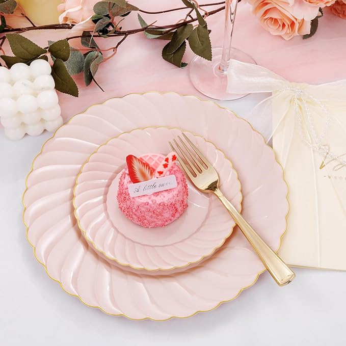 YOUBET 125Pcs Pink Plastic Plates with Gold Rim - Scalloped Plastic Plates Set Includes 25 Dinner, 25 Dessert Plate, 75 Gold Silverware for 25Geusts for Wedding Birthday Parties Baby Shower Valentines