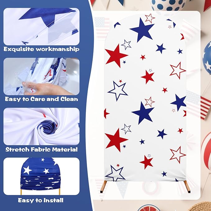 Set of 3 Patriot Day Arch Cover Theme Decoration, Veterans Day Blue and Red Print Arch Cover Stretch Spandex Fitted for Birthday Party, 4ft, 5ft, 6ft(Star)