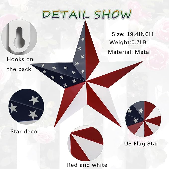 JoyEvy American Barn Star US Flag Stars Indoor Outdoor Decor, Metal Patriotic Star Wall Decoration, Texas Stars for Outside Rustic Vintage Western Country Home Farmhouse Wall Ornament(19.4inch)