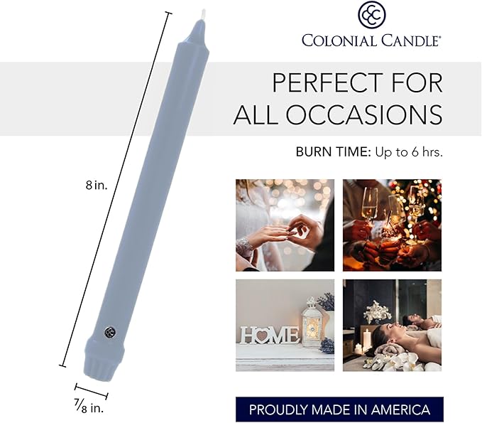 Colonial Candle Unscented Taper Candle, Classic Collection, Wedgewood, 8 in, Pack of 12 - Up to 6 Hours Burn