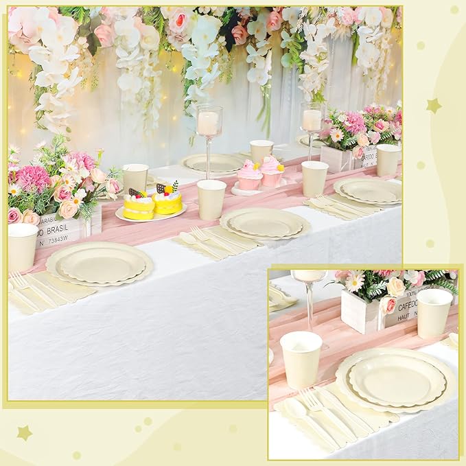 350 Pcs Ivory Dinnerware Sets, 9" Party Plates, 7" Cream Dessert Plate, 9oz Cups & Cutlery, 50 Guest Beige Scalloped Disposable Plates Set for Baby Bridal Shower, Wedding, Birthday