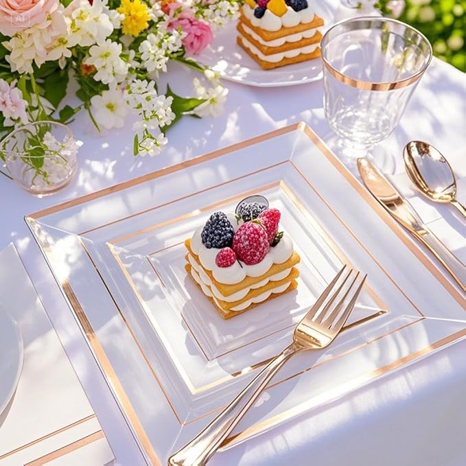 Festiva 350Pcs Rose Gold Plastic Plates - Clear Rose Gold Disposable Dinnerware Sets for 50Guests include 100 Plates 50 Cups 50Plastic Cutlery 50Napkins for Party&Wedding& Valentine's Day