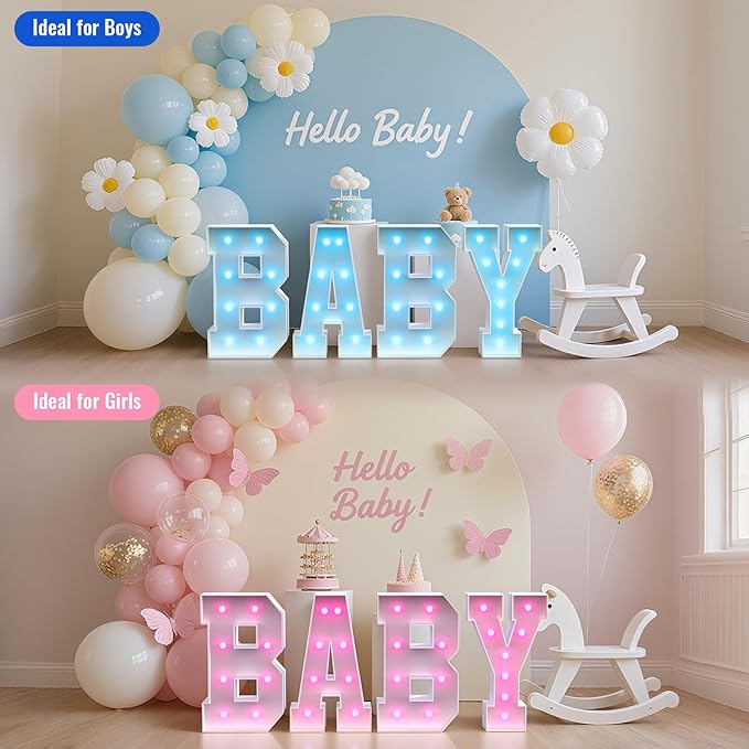 BABY Letters Baby Shower Decorations: 18 Colors Marquee Light-up Letter 2.3FT Big Oh Baby Letters for Baby Shower Sign for Gender Reveal Boys and Girls Party Decor Backdrop Block Boxes