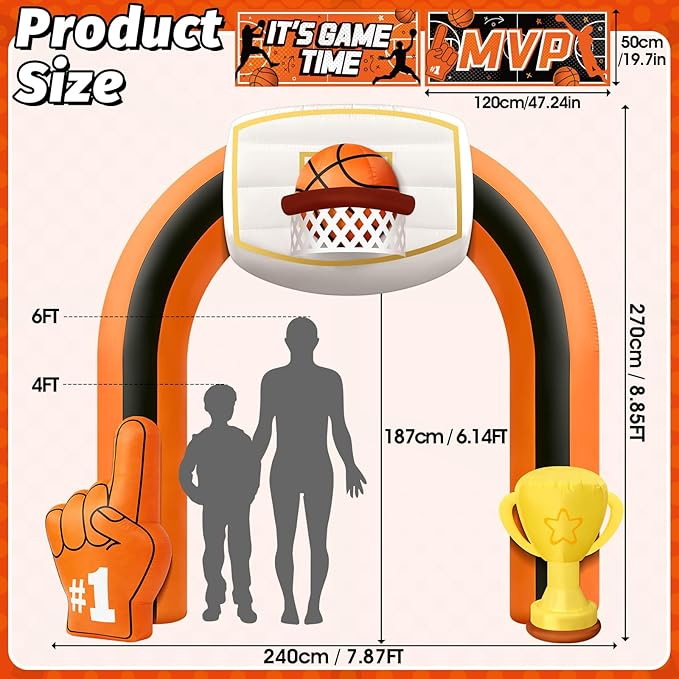 9 FT Giant Basketball Inflatable Arch, Game Day Blow up Basketball with 1 Blower Built-in 5LED Lights and 2 Banners for Team Coach Stadium Basketball Yard Outdoor Party Decorations