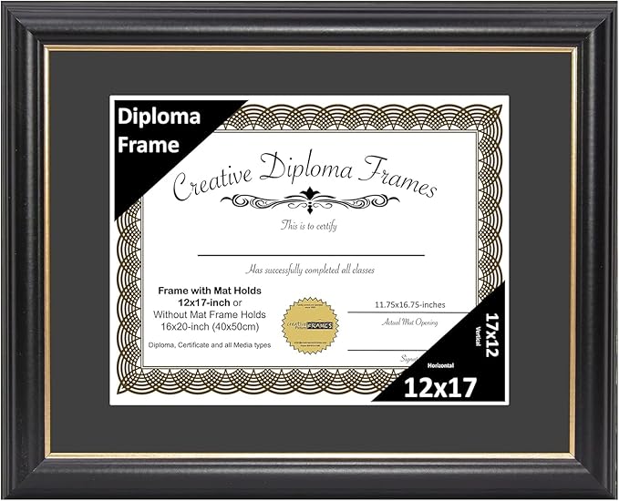 Creative Picture Frames 12" x 17" Rockefeller Black with Gold Rim Diploma Frame, Displays 12" x 17" Certificate or 16" x 20" Document without Mat, College Degree Frame, Full-Strength Glass, Black Mat