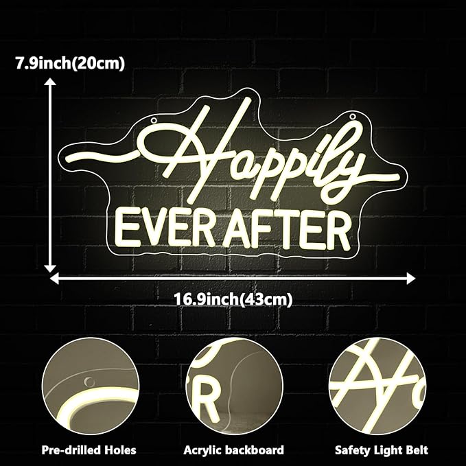 Happily Ever After LED Neon Light Sign, Wedding Neon Lights for Bachelorette Bridal Engagement Party Decoration Bridal Shower Wall Decor Valentine's Day Night Light Dimmable USB Powered(16.9"*7.9")