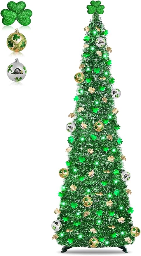 Timer & Shamrock - St Patricks Day Decorations, 5Ft Lighted St Patricks Day tree with 50 LED Green Lights 12 Balls Ornaments Battery Operated Pop Up Tinsel Collapsible Tree for Home Porch Office Party