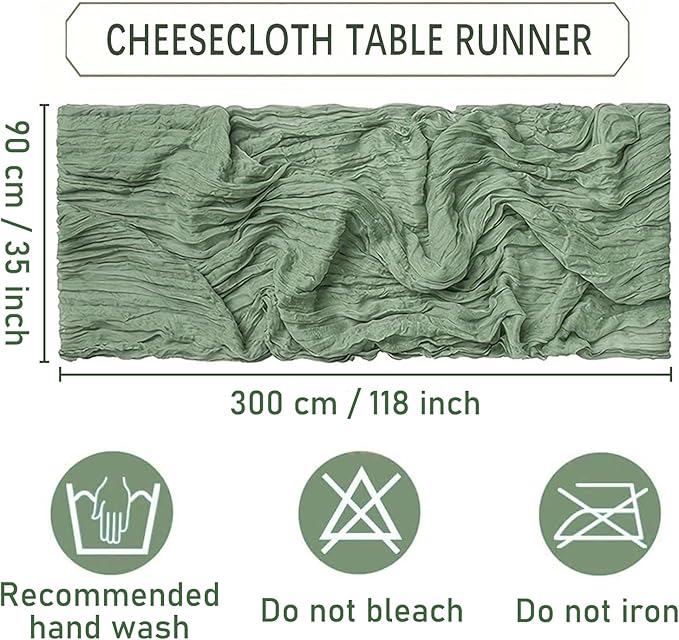 12 Pack Sage Green Cheesecloth Table Runner 35 x 120 Inch Gauze Fabric Boho Christmas Table Runner for Wedding Arch, Rustic Bridal Shower, Baby Shower, Party Decorations, Farmhouse Home Decor