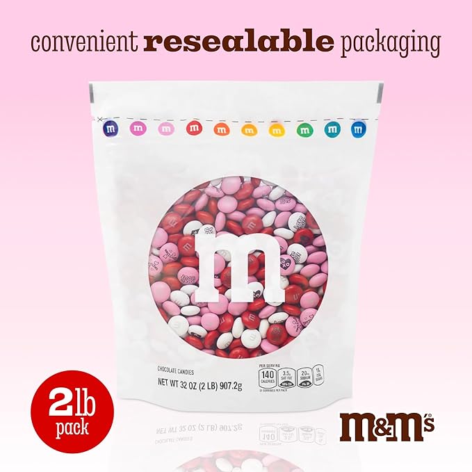 M&M’S Valentine's Day Chocolate Gift Bag, 2lb Red Pink White M&M'S with Messages, Bulk Valentine's Candy for Galentine’s Gifts, Party Favors, Candy Buffets, Classroom Treats, and Office Celebrations