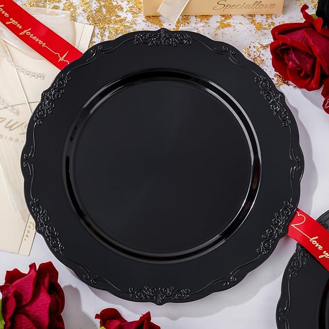 DaYammi 36PCS Black Plastic Plates, Heavy Duty Black Disposable Plates Premium 10inch Dinner Plates Hard Plastic Plates Disposable for Party and Wedding