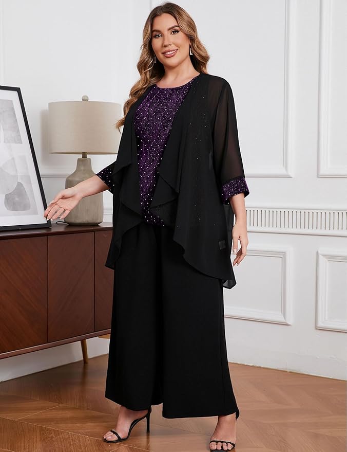 ZOMVA Plus Size 3 Piece Formal Pantsuit Sparkly Chiffon Jacket Set Dressy Outfit Mother of The Bride Groom Wedding Cocktail