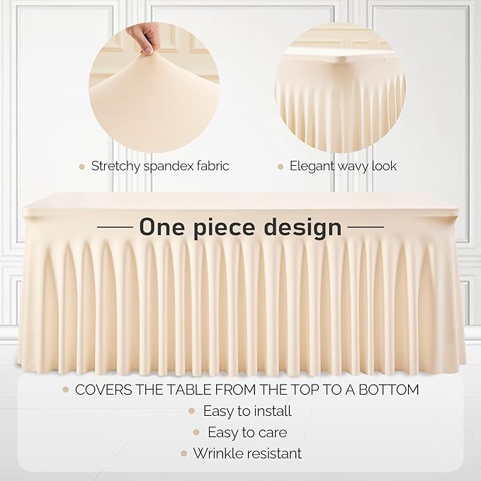 1 Pack Light Champagne Table Clothes for 8 Foot Rectangle Tables, One-Piece Wrinkle Resistant Stretch Spandex Table Covers with Skirt for Event Banquet Wedding Birthday Party